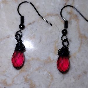 Black and red wire wrapped beaded earrings
